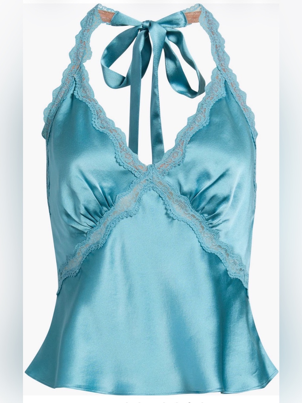Reformation Monica lace trim silk halter top in Siren (blue)